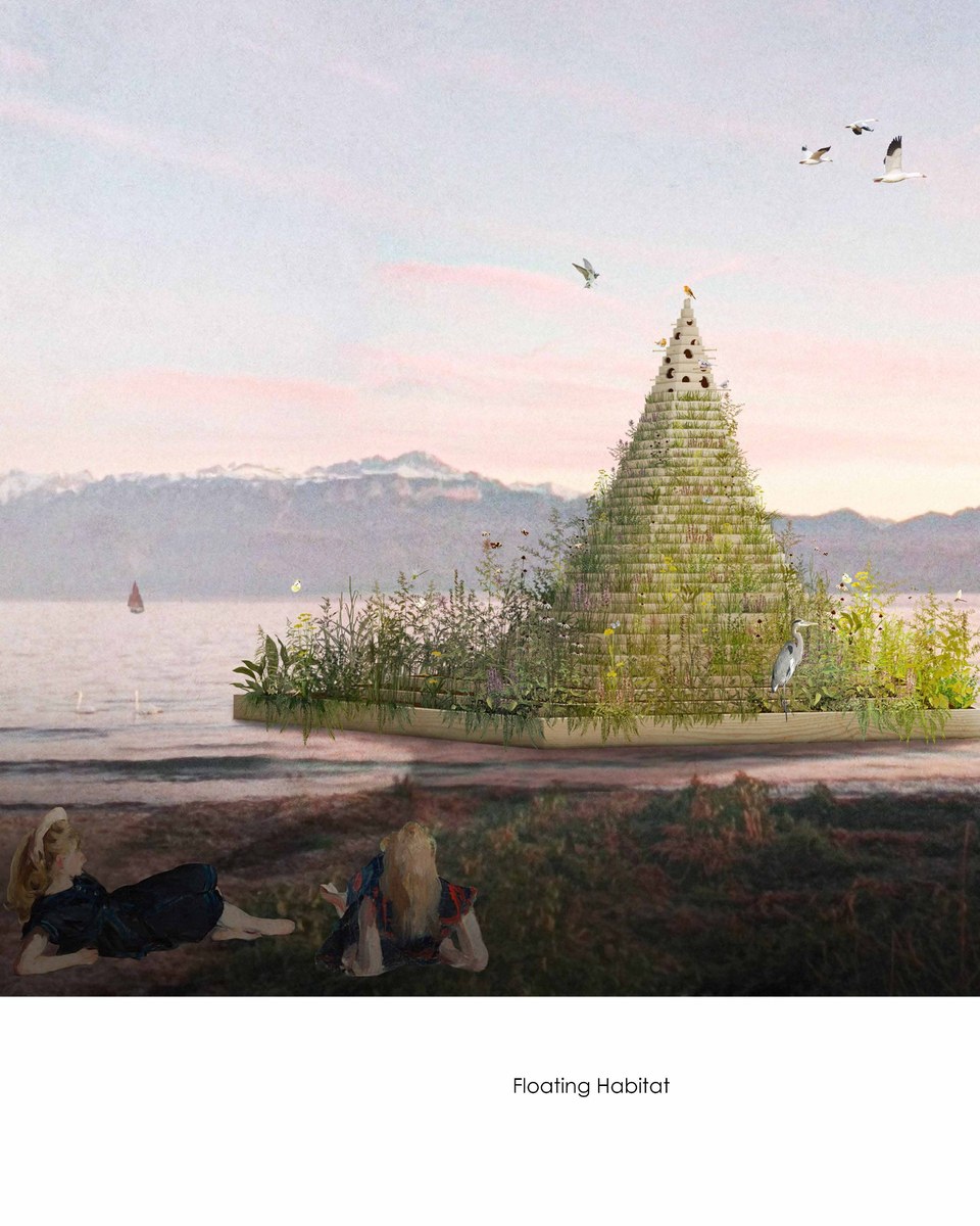 Floating Habitat rendering — pyramidal island on Lake Geneva